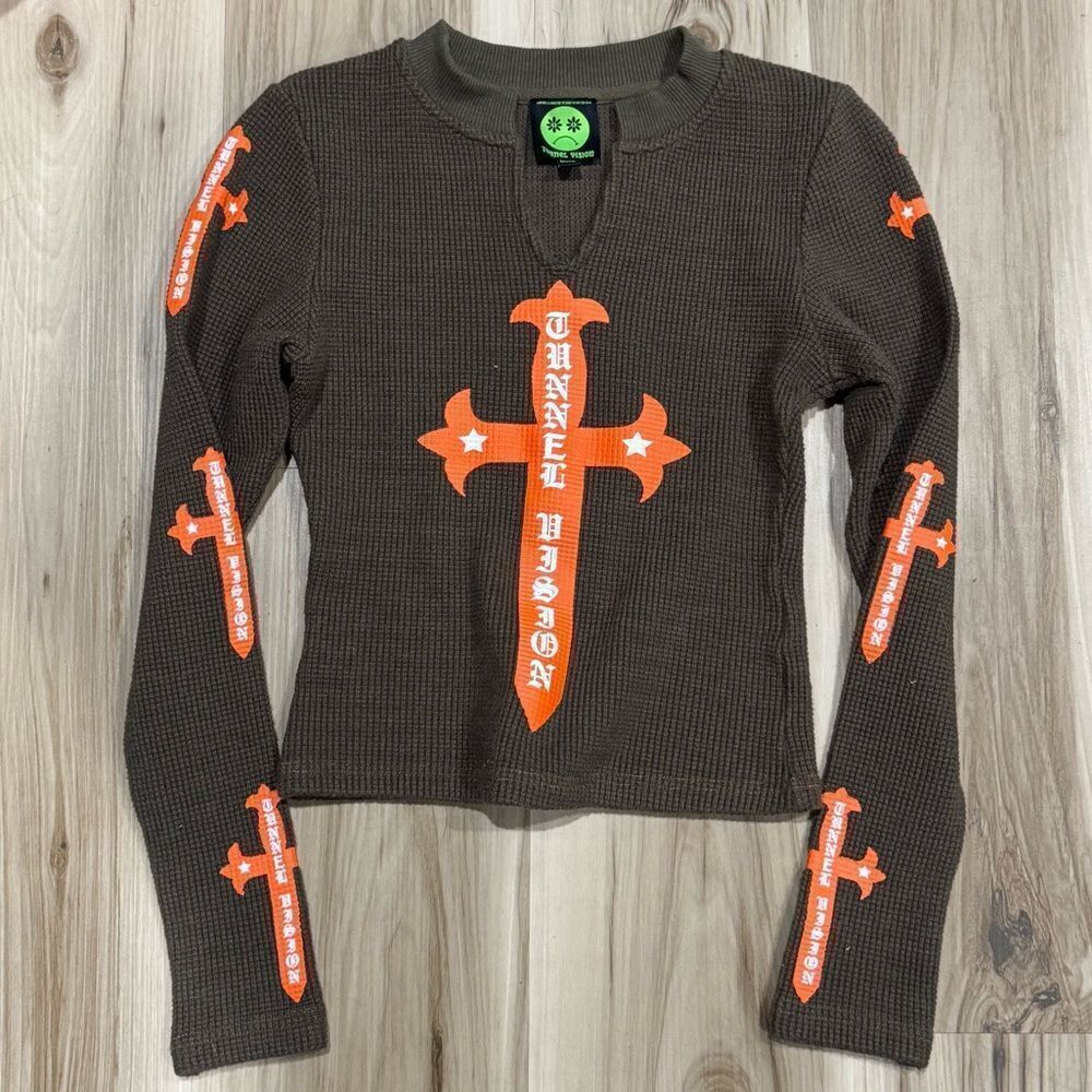 Tunnel Vision Cropped Waffle Knit Cross Long Sleeve Shirt Women’s XXS